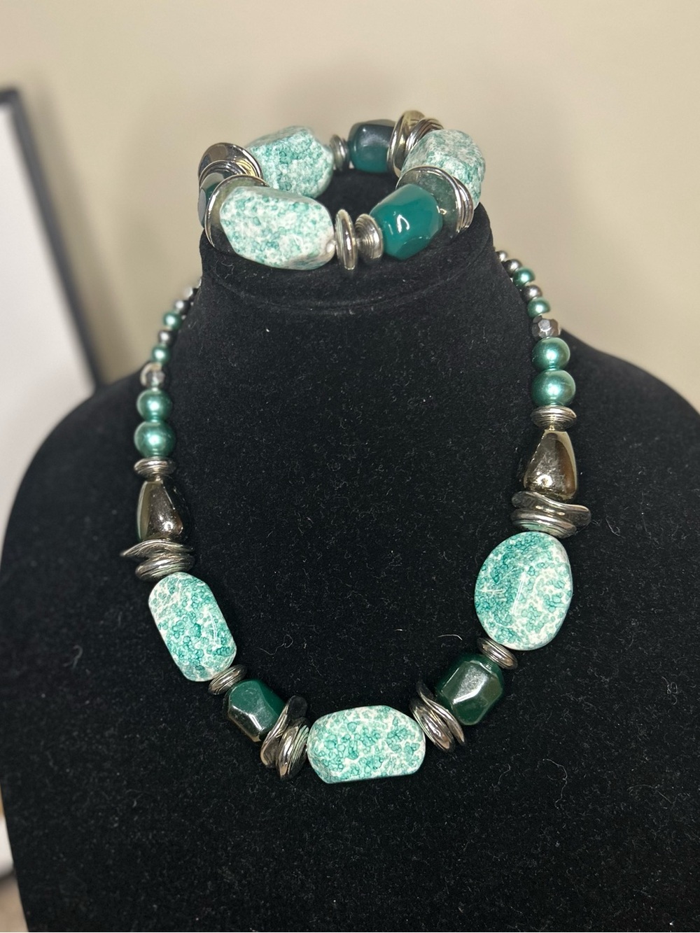 Paparazzi Green Marbled Beaded Necklace & Bracelet Set Silver Tone 19"  Chunky